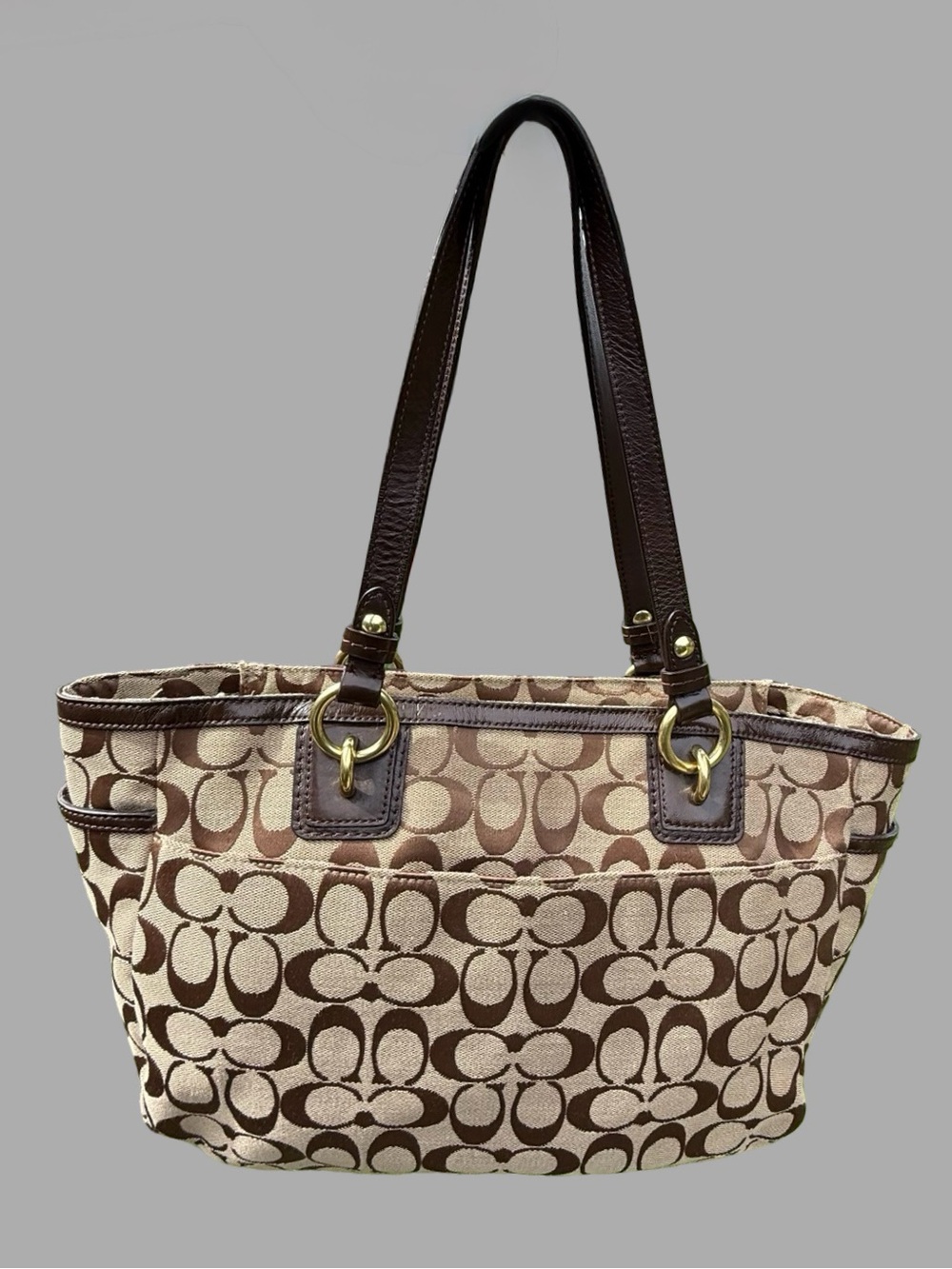 Authentic Vintage Coach Gallery Signature Zip Tote Bag - Khaki/Mahogany #F19249 - Picture 5 of 10